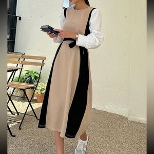 Beige and Black Belted Dress